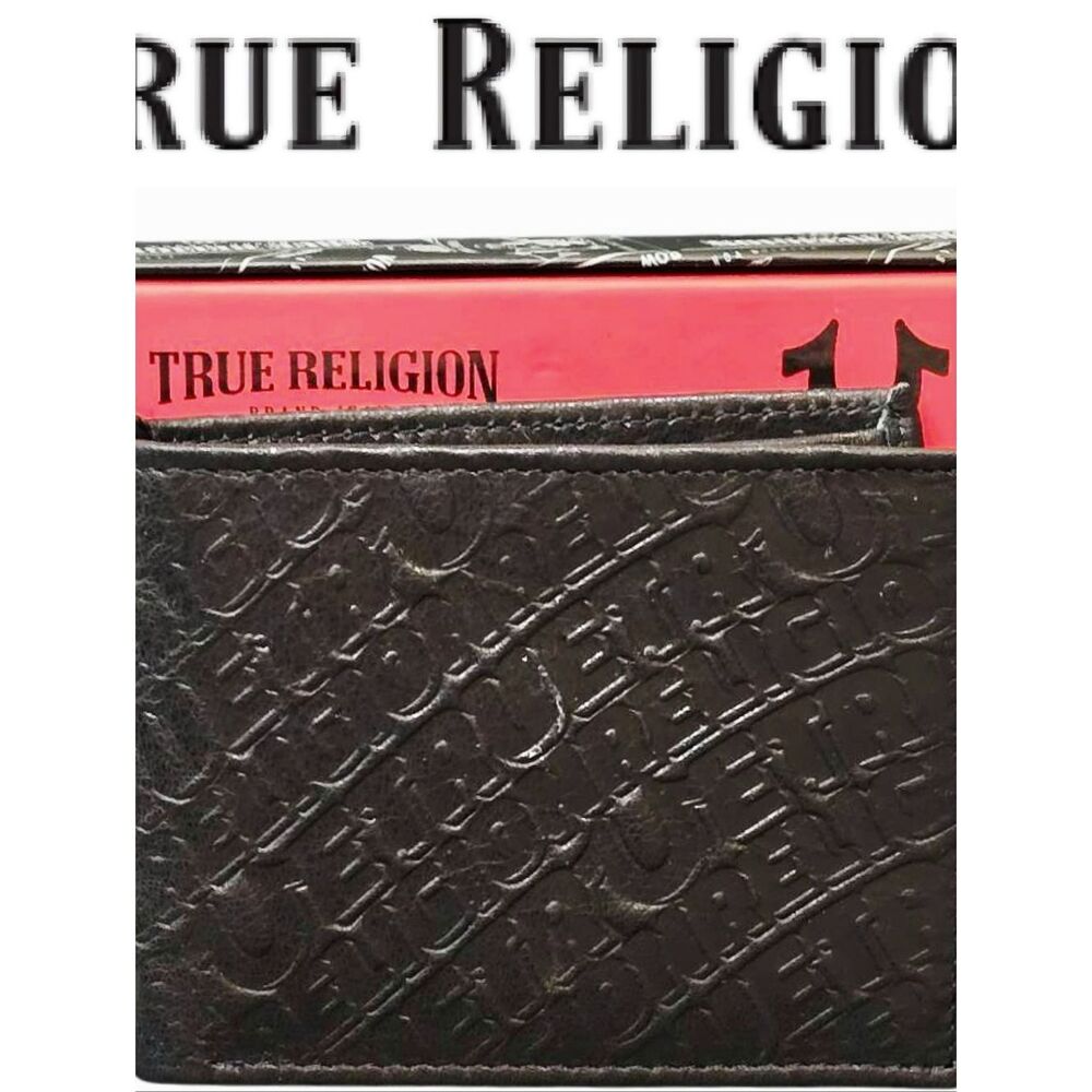 True Religion Willie Embossed Logo Monogram Bifold Wallet- Black